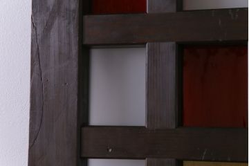 和製アンティーク　ヒノキ材　色ガラス入り　大正ロマンの雰囲気がお洒落な蔵戸(建具、引き戸、玄関戸)