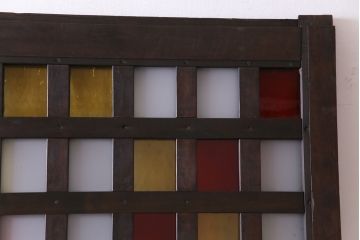 和製アンティーク　ヒノキ材　色ガラス入り　大正ロマンの雰囲気がお洒落な蔵戸(建具、引き戸、玄関戸)