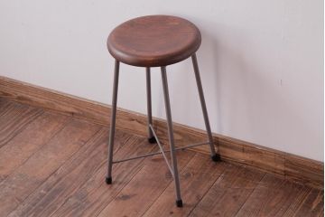 アンティーク雑貨　ラフジュ工房オリジナル　鉄脚　落ち着いた色味がおしゃれな丸スツール(チェア、椅子)(3)