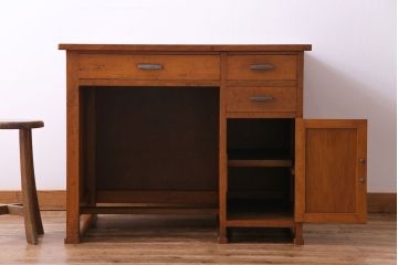 レトロ家具　昭和レトロ　ブナ材　どっしりとした構えが魅力的な補助天板付き片袖机(ワークデスク、在宅ワーク、在宅用、カウンターテーブル、作業台)