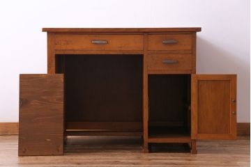レトロ家具　昭和レトロ　ブナ材　どっしりとした構えが魅力的な補助天板付き片袖机(ワークデスク、在宅ワーク、在宅用、カウンターテーブル、作業台)