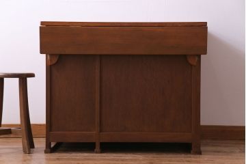 レトロ家具　昭和レトロ　ブナ材　どっしりとした構えが魅力的な補助天板付き片袖机(ワークデスク、在宅ワーク、在宅用、カウンターテーブル、作業台)