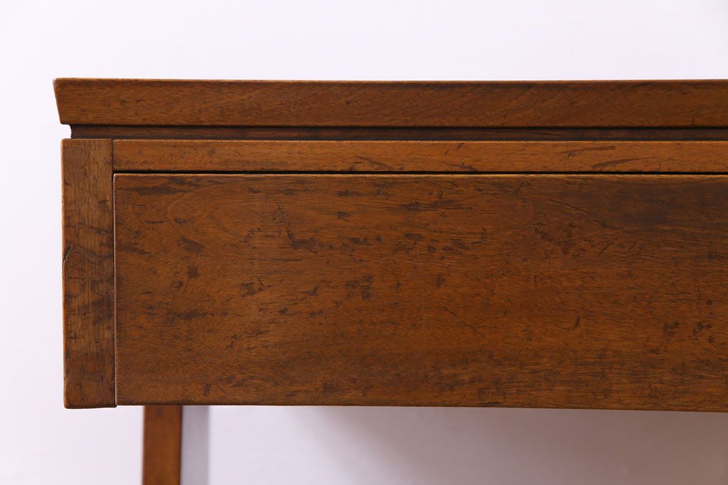 レトロ家具　昭和レトロ　カバ材　個性的なデザインがおしゃれな片袖机(デスク、ワークデスク、作業台)