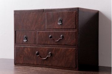 アンティーク雑貨　和製アンティーク　ケヤキ玉杢　漆塗りが上品な裁縫箱(お針箱、小引き出し、小物収納)