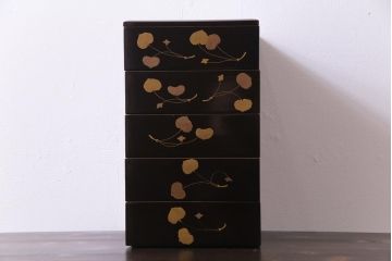 和製アンティーク　丸に二本杉紋　二葉葵　共箱付き重箱(和食器、漆器)