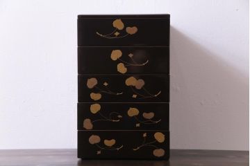 和製アンティーク　丸に二本杉紋　二葉葵　共箱付き重箱(和食器、漆器)
