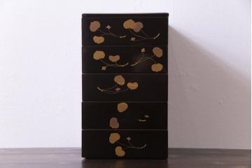 和製アンティーク　丸に二本杉紋　二葉葵　共箱付き重箱(和食器、漆器)
