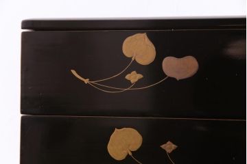 和製アンティーク　丸に二本杉紋　二葉葵　共箱付き重箱(和食器、漆器)