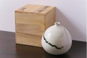 アンティーク雑貨　昭和期　笠間焼　荒田耕治　墨流一輪挿(花瓶、花器)