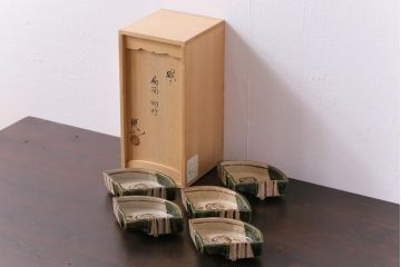 織部焼　松本鉄山作　共箱付き　扇型が小粋な向付5客セット(小皿)