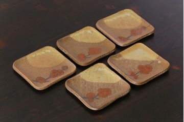 美品　昭和期　笠間焼　中野晃嗣　共箱付き梅文銘々皿(小皿、豆皿、和食器)5枚セット