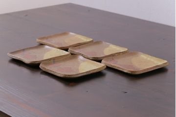 美品　昭和期　笠間焼　中野晃嗣　共箱付き梅文銘々皿(小皿、豆皿、和食器)5枚セット