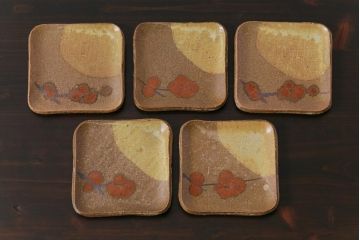 美品　昭和期　笠間焼　中野晃嗣　共箱付き梅文銘々皿(小皿、豆皿、和食器)5枚セット