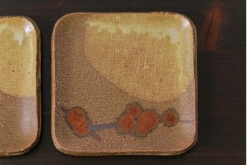 美品　昭和期　笠間焼　中野晃嗣　共箱付き梅文銘々皿(小皿、豆皿、和食器)5枚セット