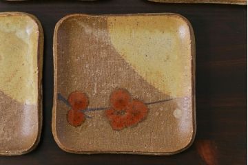 美品　昭和期　笠間焼　中野晃嗣　共箱付き梅文銘々皿(小皿、豆皿、和食器)5枚セット