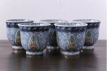 中古　六代　佐藤走波　共箱付き　染錦菊花文湯呑(ゆのみ、和食器)5客セット