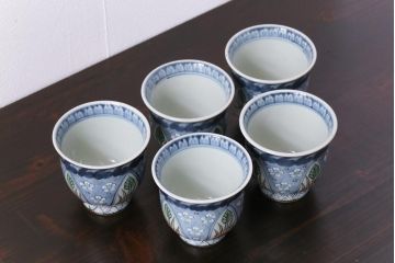 中古　六代　佐藤走波　共箱付き　染錦菊花文湯呑(ゆのみ、和食器)5客セット