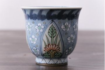 中古　六代　佐藤走波　共箱付き　染錦菊花文湯呑(ゆのみ、和食器)5客セット