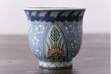 中古　六代　佐藤走波　共箱付き　染錦菊花文湯呑(ゆのみ、和食器)5客セット