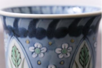 中古　六代　佐藤走波　共箱付き　染錦菊花文湯呑(ゆのみ、和食器)5客セット