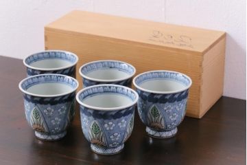 中古　六代　佐藤走波　共箱付き　染錦菊花文湯呑(ゆのみ、和食器)5客セット