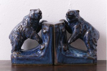 アンティーク雑貨　昭和初期　北日本汽船株式会社　記念品　陶器製ブックエンド(本立て)