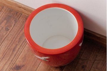 アンティーク雑貨　ノリタケ・則武(日陶)　鶴の図　朱色が目を引く小振りの瀬戸火鉢(手あぶり、鉢カバー)(1)