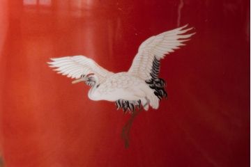 アンティーク雑貨　ノリタケ・則武(日陶)　鶴の図　朱色が目を引く小振りの瀬戸火鉢(手あぶり、鉢カバー)(1)