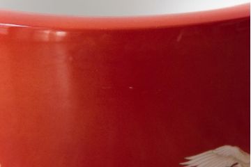 アンティーク雑貨　ノリタケ・則武(日陶)　鶴の図　朱色が目を引く小振りの瀬戸火鉢(手あぶり、鉢カバー)(1)
