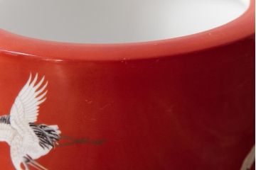 アンティーク雑貨　ノリタケ・則武(日陶)　鶴の図　朱色が目を引く小振りの瀬戸火鉢(手あぶり、鉢カバー)(1)