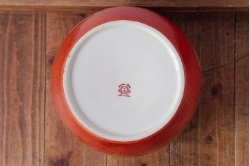 アンティーク雑貨　ノリタケ・則武(日陶)　鶴の図　朱色が目を引く小振りの瀬戸火鉢(手あぶり、鉢カバー)(1)