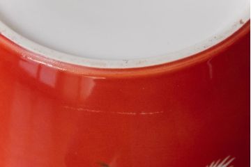 アンティーク雑貨　ノリタケ・則武(日陶)　鶴の図　朱色が目を引く小振りの瀬戸火鉢(手あぶり、鉢カバー)(1)