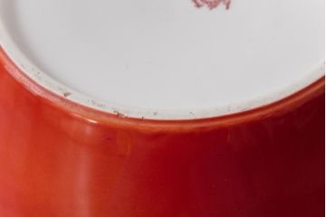 アンティーク雑貨　ノリタケ・則武(日陶)　鶴の図　朱色が目を引く小振りの瀬戸火鉢(手あぶり、鉢カバー)(1)