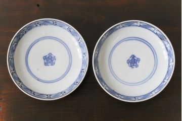 和製アンティーク　江戸期　染付　優しい色合いが親しみ感じる蓋茶碗2客セット(和食器)