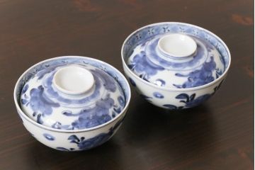 和製アンティーク　江戸期　染付　優しい色合いが親しみ感じる蓋茶碗2客セット(和食器)