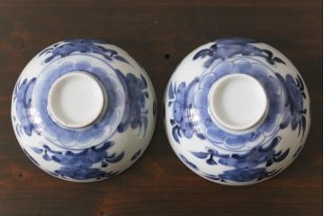 和製アンティーク　江戸期　染付　優しい色合いが親しみ感じる蓋茶碗2客セット(和食器)