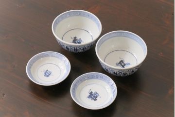古民具・骨董　幕末明治期　味のある絵柄のアンティーク蓋付茶碗2客セット(和食器)(2)