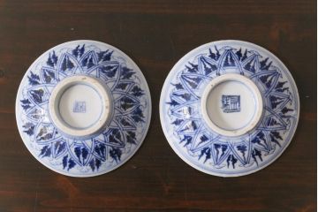 古民具・骨董　幕末明治期　味のある絵柄のアンティーク蓋付茶碗2客セット(和食器)(2)