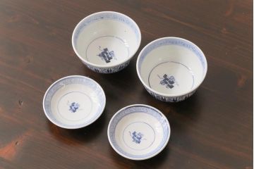 古民具・骨董　幕末明治期　味のある絵柄のアンティーク蓋付茶碗2客セット(和食器)(3)