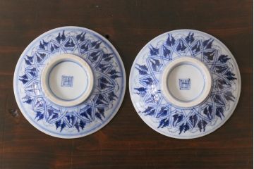 古民具・骨董　幕末明治期　味のある絵柄のアンティーク蓋付茶碗2客セット(和食器)(3)