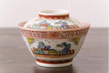 幕末明治期　赤絵染付　味わいある絵柄の蓋茶碗2客セット(和食器)(3)