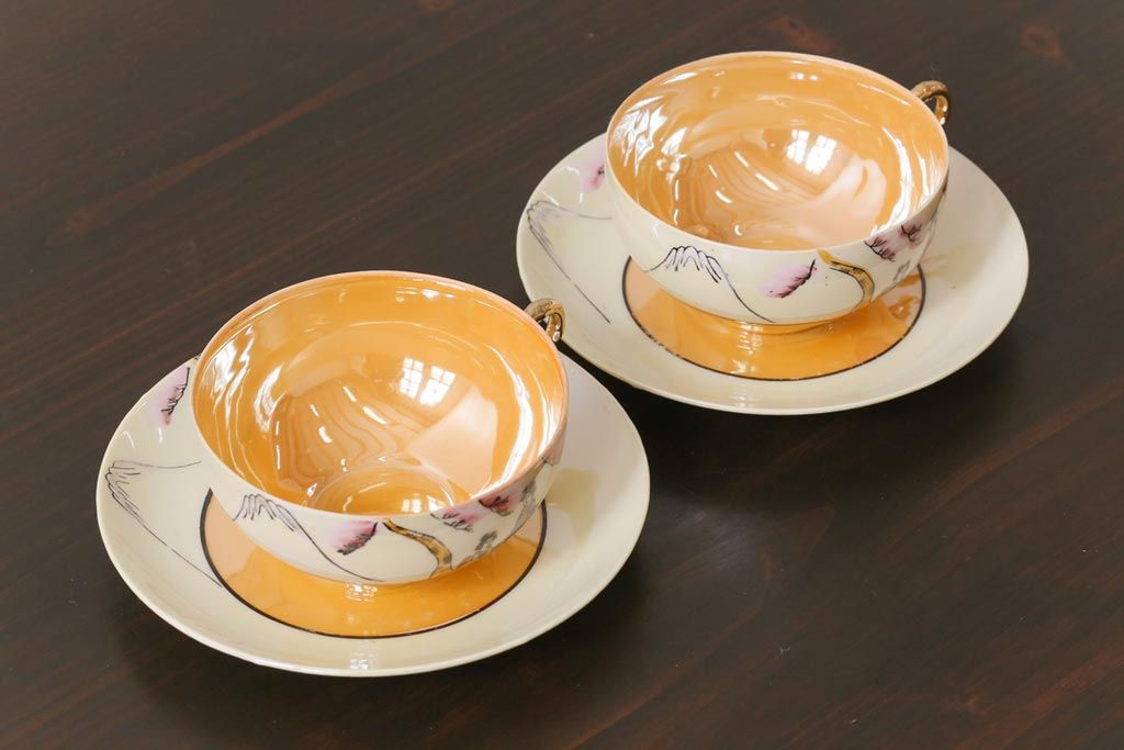 和製アンティーク　大正昭和初期　パールのように輝くカップ&ソーサー2客セット