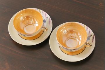 和製アンティーク　大正昭和初期　パールのように輝くカップ&ソーサー2客セット