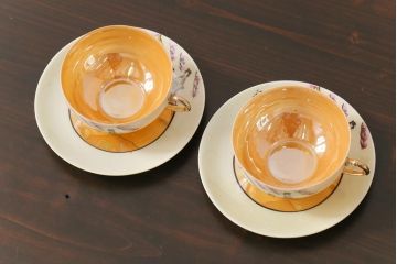 和製アンティーク　大正昭和初期　日本趣味の絵柄が魅力的なカップ&ソーサー2客セット