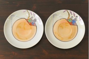 和製アンティーク　大正昭和初期　日本趣味の絵柄が魅力的なカップ&ソーサー2客セット