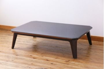 ビンテージ　松本民芸家具　面取りデザインがおしゃれなガラス天板付きセンターテーブル(ローテーブル、座卓)