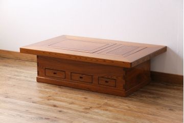 中古　総ケヤキ材　ガラス天板付き　四尺　杢目が美しい関西火鉢(長火鉢、囲炉裏、テーブル)(1)