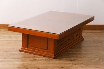 アンティーク雑貨　中古　総ケヤキ材　ガラス天板付き　四尺　杢目が美しい関西火鉢(長火鉢、囲炉裏、テーブル)(2)