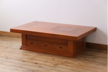 アンティーク雑貨　中古　総ケヤキ材　ガラス天板付き　四尺　杢目が美しい関西火鉢(長火鉢、囲炉裏、テーブル)(2)