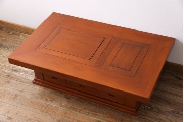 アンティーク雑貨　中古　総ケヤキ材　ガラス天板付き　四尺　杢目が美しい関西火鉢(長火鉢、囲炉裏、テーブル)(2)